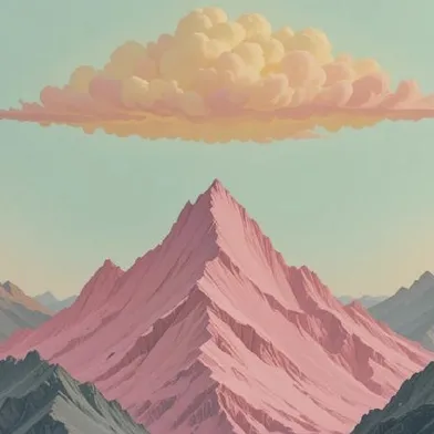 Ein surreal wirkender rosa Berg erhebt sich majestätisch inmitten graublauer Gebirge. Darüber schwebt eine pastellfarbene, flauschige Wolke in Gelb- und Rosatönen, die das Bild träumerisch und malerisch erscheinen lässt.