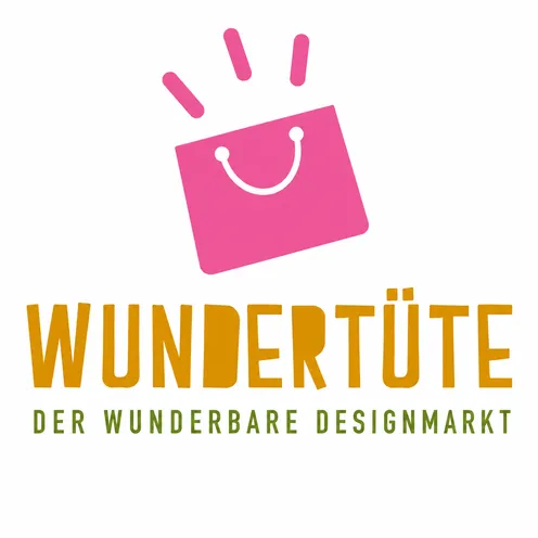 Quadratisches Logo auf weißem Hintergrund: Pinke Einkaufstasche mit Smiley-Henkel und drei Akzentstrahlen darüber. Darunter steht „WUNDERTÜTE“ in goldgelber Schrift sowie der Zusatz „DER WUNDERBARE DESIGNMARKT“ in grüner Typografie.