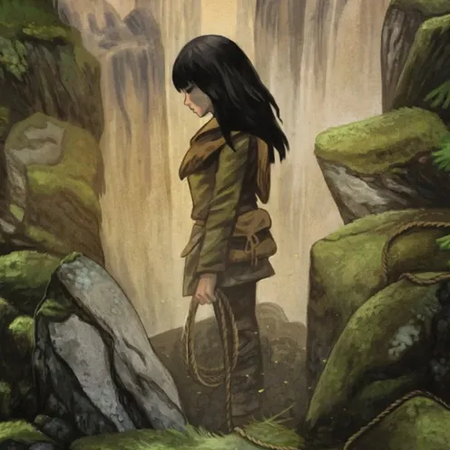 Eine junge Frau steht mit einem Seil in der Hand vor einer tiefen Schlucht, umgeben von moosbedeckten Felsen und dichtem Wald. Ihr Blick ist gesenkt, die Stimmung wirkt nachdenklich und abenteuerlich zugleich.