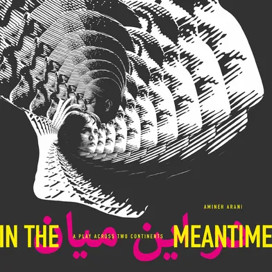 Schwarz-weißes, grafisch verzerrtes Porträt mit Tunnel-Effekt; gelb-rosa Text „IN THE MEANTIME“ und arabische Schrift; Untertitel: „A Play Across Two Continents“ von Amineh Arani.