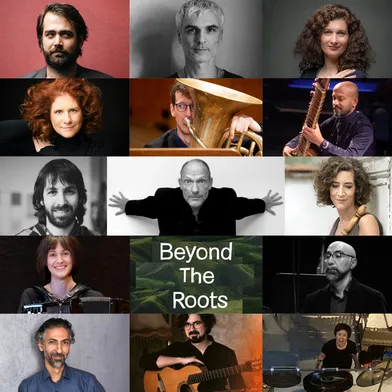 Collage mit 15 Porträts internationaler Musiker:innen und einem zentralen Schriftzug „Beyond The Roots“. Die Künstler:innen halten Instrumente oder posieren individuell, vor verschiedenfarbigen Hintergründen.