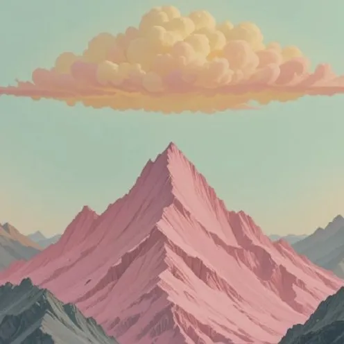 Ein surreal wirkender rosa Berg erhebt sich majestätisch inmitten graublauer Gebirge. Darüber schwebt eine pastellfarbene, flauschige Wolke in Gelb- und Rosatönen, die das Bild träumerisch und malerisch erscheinen lässt.