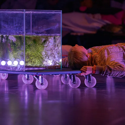 Zwei Menschen liegen seitlich auf rollbaren Plattformen neben einem Aquarium mit grünem Bewuchs. Die Szene ist in lila Licht getaucht und wirkt wie eine Mischung aus Performance und Installation.