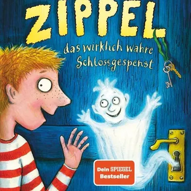 Buchtitel: „Zippel – das wirklich wahre Schlossgespenst“. Ein Junge in Ringelshirt trifft freudig auf ein lächelndes Schlossgespenst, das aus einem Türschloss erscheint. Bunt illustriertes Cover, illustriert von Axel Scheffler.
