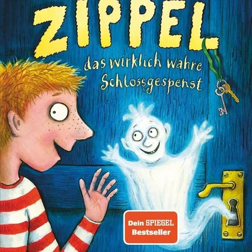 Buchtitel: „Zippel – das wirklich wahre Schlossgespenst“. Ein Junge in Ringelshirt trifft freudig auf ein lächelndes Schlossgespenst, das aus einem Türschloss erscheint. Bunt illustriertes Cover, illustriert von Axel Scheffler.