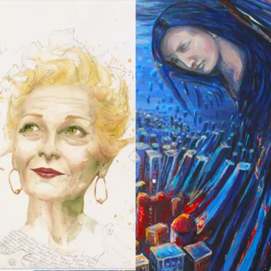 Zweigeteiltes Bild: Links ein Aquarellporträt einer älteren weißen Frau mit blondem Haar und goldenen Ohrringen, verträumt blickend. Rechts ein expressionistisches Ölgemälde einer weißen Frau mit langem dunklem Haar, schwebend über einer Stadt.