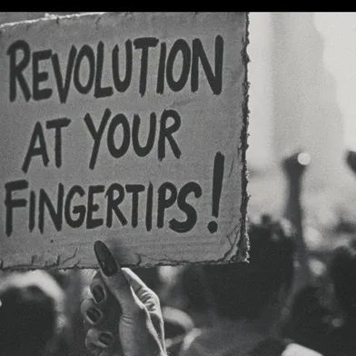 Schwarzweißfoto einer Demonstration: Eine Frau mit heller Haut hält mit lackierten Fingernägeln ein Pappschild hoch. Darauf steht „Revolution at your fingertips!“. Im Hintergrund stehen mehrere Personen verschiedener Geschlechter; ihre Arme mit erhobenen Fäusten ragen aus der Menge.