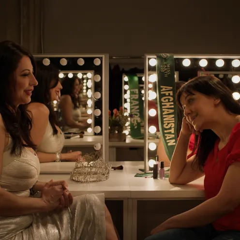 Zwei Frauen mit heller bis leicht gebräunter Haut sitzen sich in einer Garderobe mit beleuchteten Spiegeln gegenüber. Links trägt eine Frau ein helles Kleid und lächelt, vor ihr liegt eine Krone. Rechts sitzt eine Frau im roten Oberteil und hört aufmerksam zu.