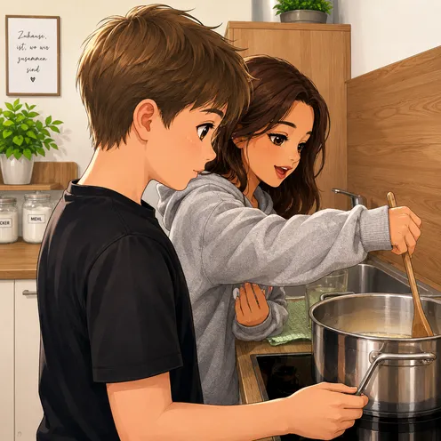 Junge mit heller Haut und braunen Haaren steht neben einem Mädchen mit leicht gebräunter Haut und langen dunklen Haaren in einer gemütlichen Küche. Gemeinsam kochen sie an einem Herd und rühren in einem großen Topf. Die Szene wirkt warm und familiär. Das Bild wurde mit KI erstellt.