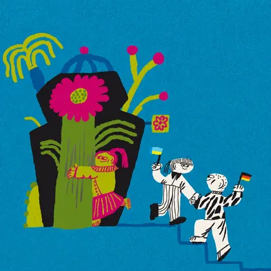Verspielte Illustration auf blauem Hintergrund: Eine Person umarmt ein blühendes Denkmal, während zwei Kinder mit ukrainischer und deutscher Flagge eine Treppe hinaufsteigen. Kräftige Farben und organische Formen symbolisieren Begegnung, Hoffnung und gemeinsames Wachsen.