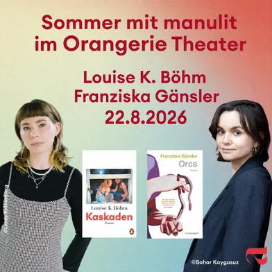 Quadratische Veranstaltungsgrafik mit sanftem Farbverlauf in Beige, Rosa und Türkis. Links und rechts sind Porträts der Autorinnen Louise K. Böhm und Franziska Gänsler zu sehen. Mittig stehen Titel, Namen und Datum. Darunter sind die Buchcover von Kaskaden und Orca platziert.