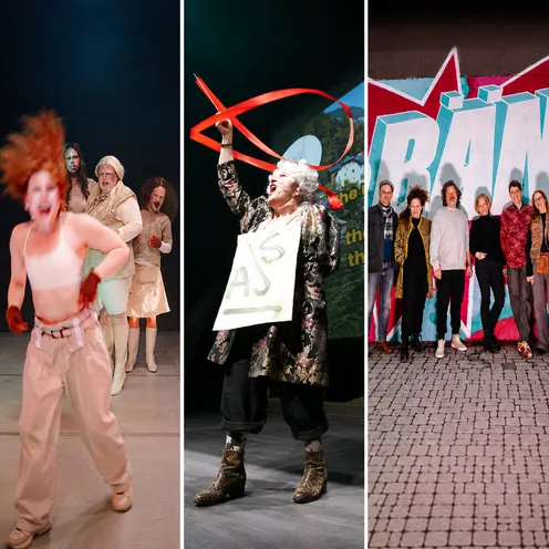 Eine Collage aus drei Fotos: Links rennt eine hellhäutige Person mit roten Haaren verschwommen nach vorn, dahinter drei weitere überwiegend hellhäutige Menschen auf einer Bühne. In der Mitte schwingt eine hellhäutige ältere Person mit weißer Perücke ein rotes Band. Rechts stehen sechs überwiegend hellhäutige Erwachsene vor einer bunten Graffitiwand.