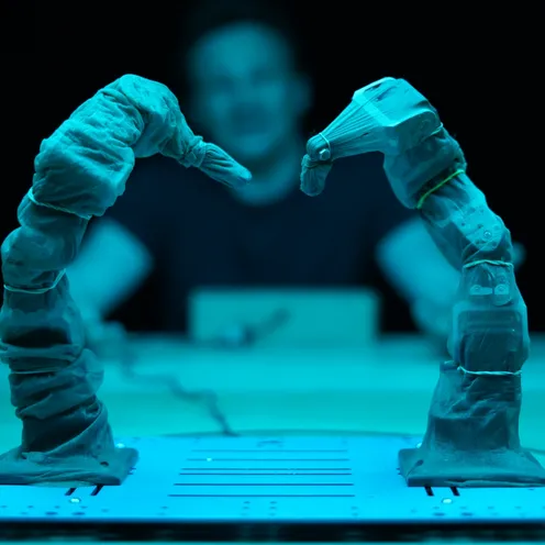 Zwei textile, wurmartige Roboterarme stehen einander auf einer Plattform gegenüber und berühren sich fast. Im unscharfen Hintergrund sitzt eine hellhäutige Person, vermutlich ein Mann. Die Szene ist intensiv türkisblau beleuchtet.