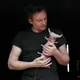 Ein hellhäutiger Mann mit dunklem Haar und schwarzem T-Shirt hält eine kleine, rosa-weiße, organisch wirkende Figur in den Händen und betrachtet sie. Größere ähnliche Formen hängen seitlich im Vordergrund; Lichtstäbe leuchten dahinter.