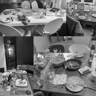 Schwarz-Weiß-Collage mehrerer Esstische nach gemeinsamen Mahlzeiten. Zu sehen sind benutzte Teller, Gläser, Weinflaschen, Schüsseln, Töpfe, Besteck und Servietten. Stühle stehen rund um die teils unaufgeräumten Tische. Keine Personen sichtbar.