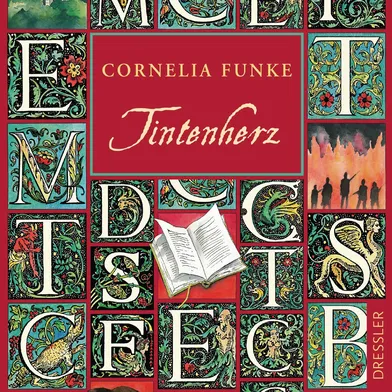 Farbenreich gestaltetes Buchcover von Cornelia Funkes „Tintenherz“. Auf rotem Grund sind verzierte Initialen mit Pflanzen, Tieren und Figuren angeordnet. In der Mitte befindet sich ein aufgeschlagenes Buch, rechts unten steht „Dressler“.