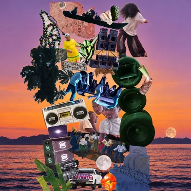 Eine farbenfrohe Collage voller Musik, Tanz und Bewegung. Menschen, Soundsysteme, tropische Pflanzen und urbane Motive verschmelzen vor einem leuchtenden Sonnenuntergang zu einer lebendigen Bildwelt zwischen Kultur, Gemeinschaft und Lebensfreude.
